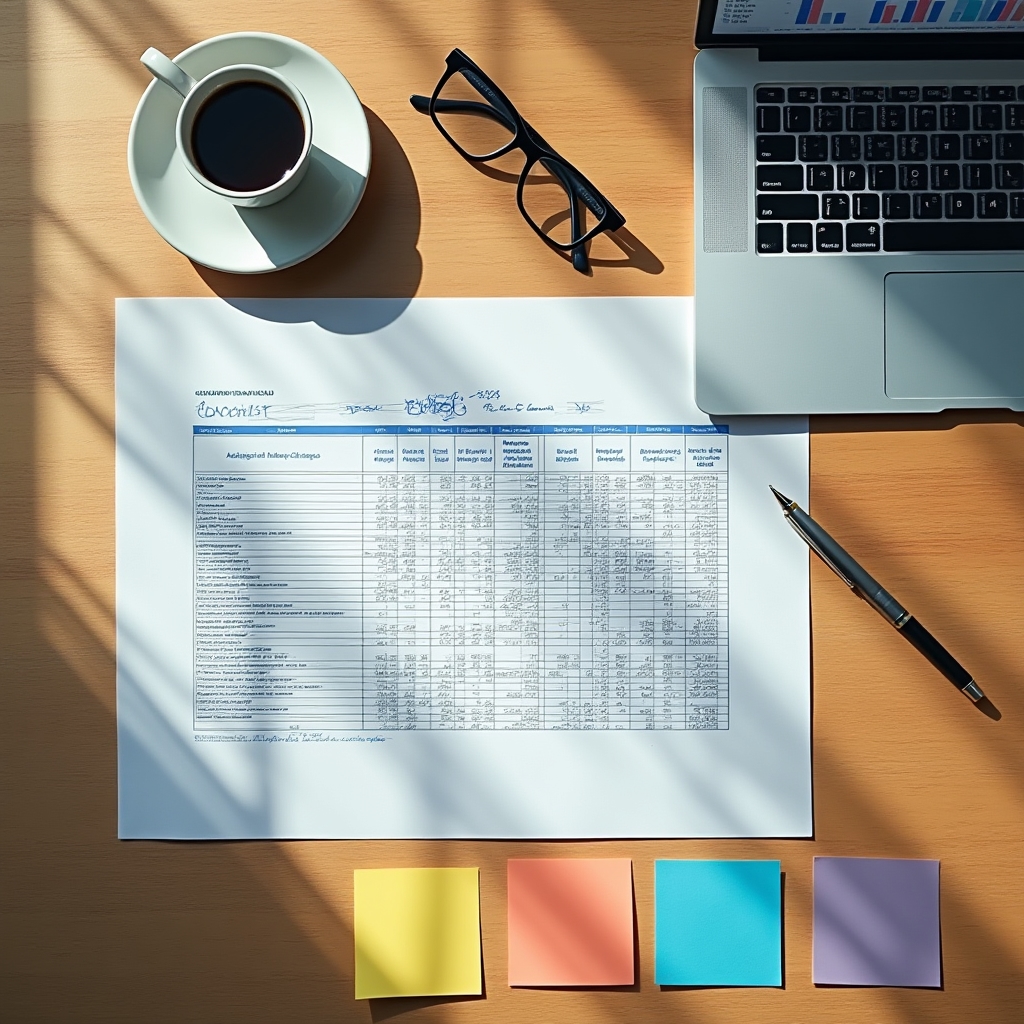 Overhead view of a consultant's desk with annotated financial documents, a coffee cup, and a laptop showing a cost breakdown