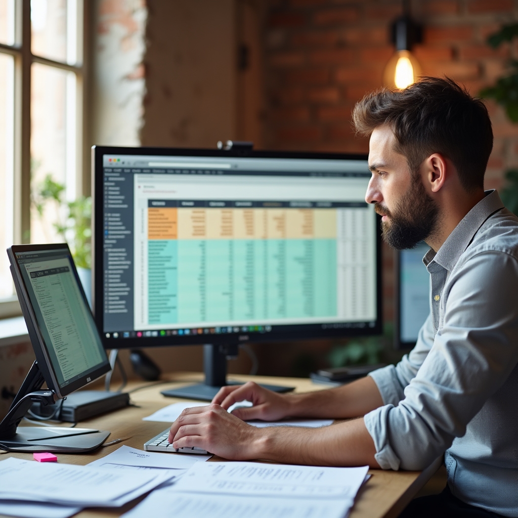 Analyst organising spending data into categories on a large monitor, surrounded by printed reports on a clean desk