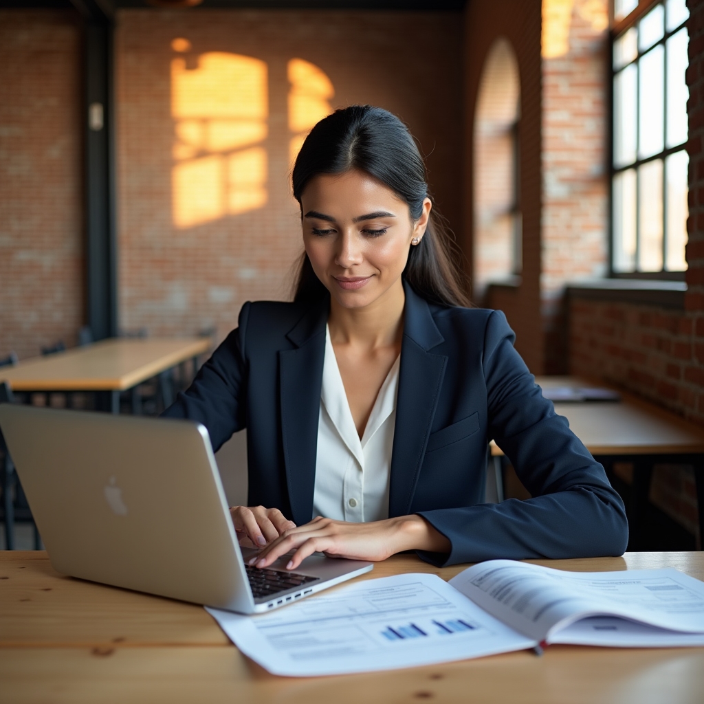 Consultant reviewing operational spending data on a laptop in a modern office